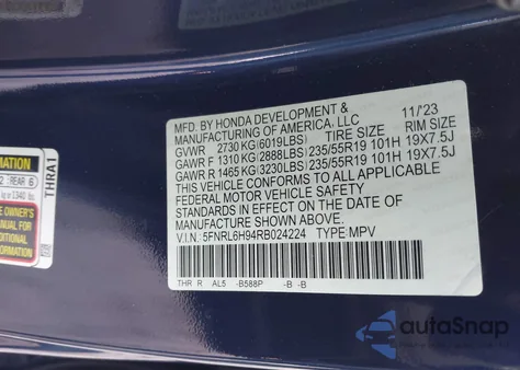 2024 Honda Odyssey Elite z USA, uszkodzony, nr VIN 5FNRL6H94RB024224